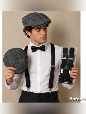 3pc Men’s Gatsby Newsboy Hat Suspender Bow Tie Outfit Set